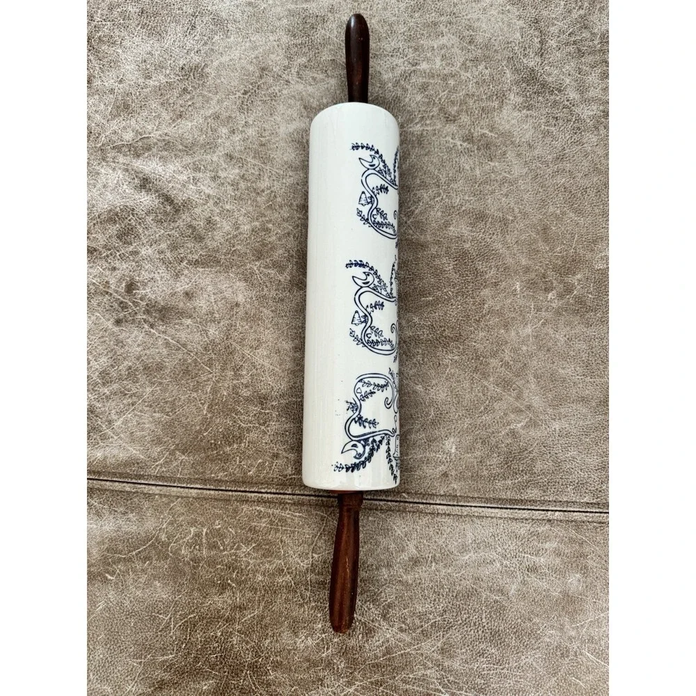 Roller Pin Blue White Glazed Stoneware Wood Handles 19-20